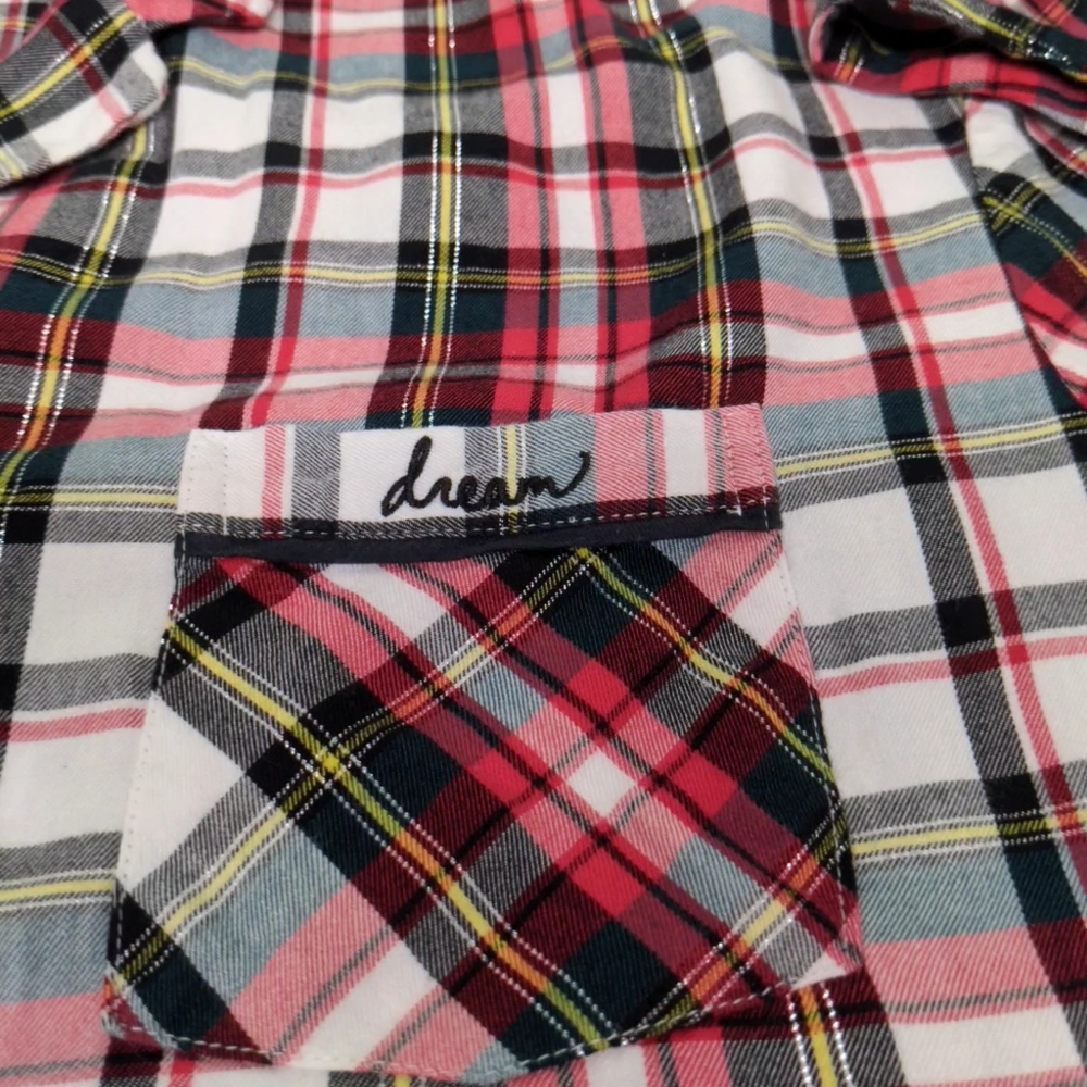 Victoria Secrets 2 piece Pajama plaid red white black yellow front tie on pants - Picture 2 of 12